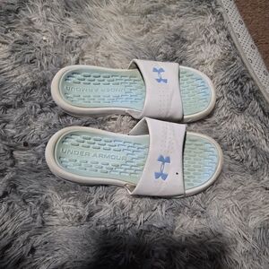 Under Armour White and Blue Slide Sandals